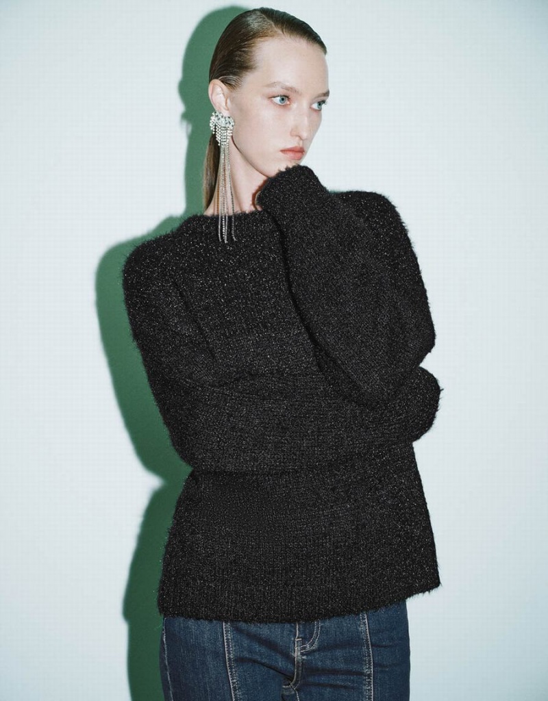 Suéteres Urban Revivo Furry Crew Neck Mujer Negros | IHB4843UD
