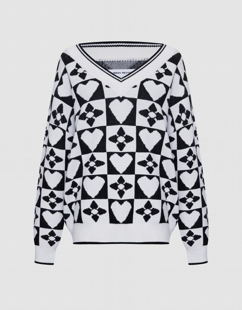 Suéteres Urban Revivo Heart & Checkered Pattern Mujer Grises | IHP6274RK