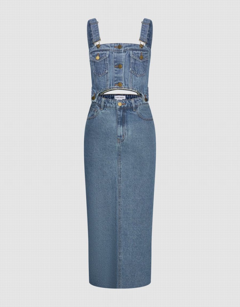 Vestido Urban Revivo 2 In 1 Denim Pinafore Mujer Azules | VKK7295BH