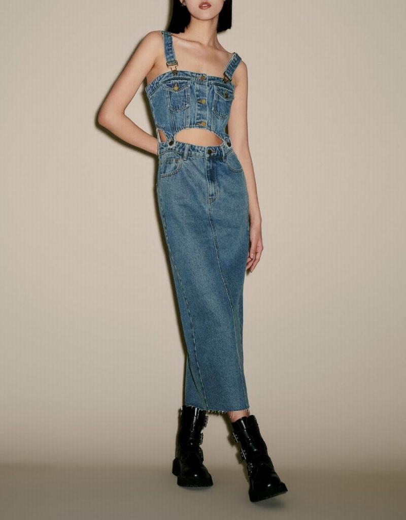 Vestido Urban Revivo 2 In 1 Denim Pinafore Mujer Azules | VKK7295BH