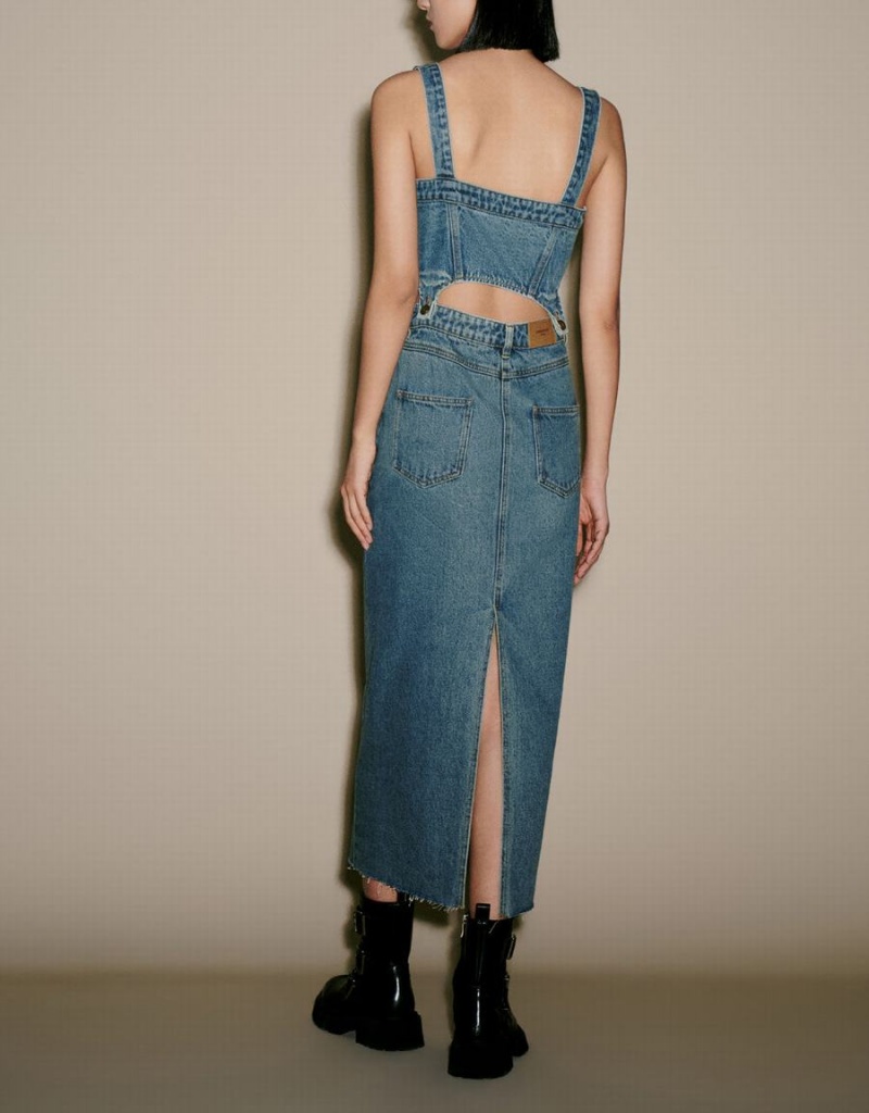 Vestido Urban Revivo 2 In 1 Denim Pinafore Mujer Azules | VKK7295BH