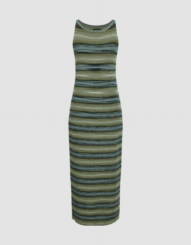 Vestido Urban Revivo A Rayas Sin Manga Crew Neck De Punto Mujer Verdes Multicolor | VUN7696BB
