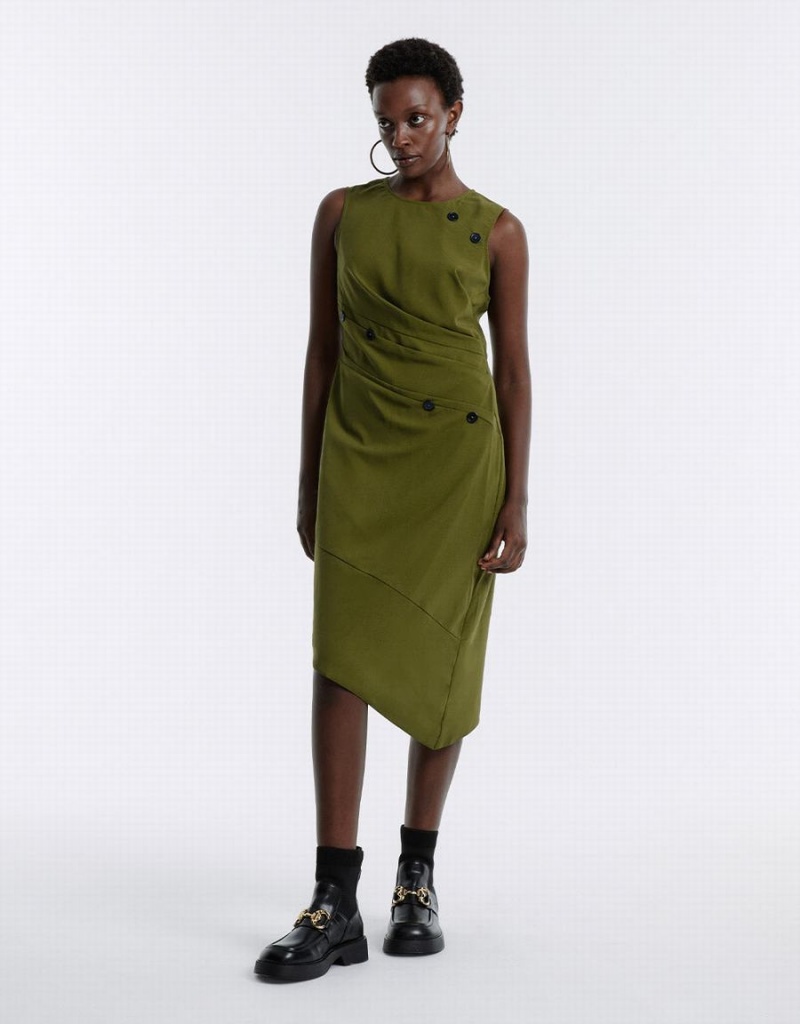 Vestido Urban Revivo Asymmetrical Buttoned Midi Mujer Verdes | UML7010ZQ