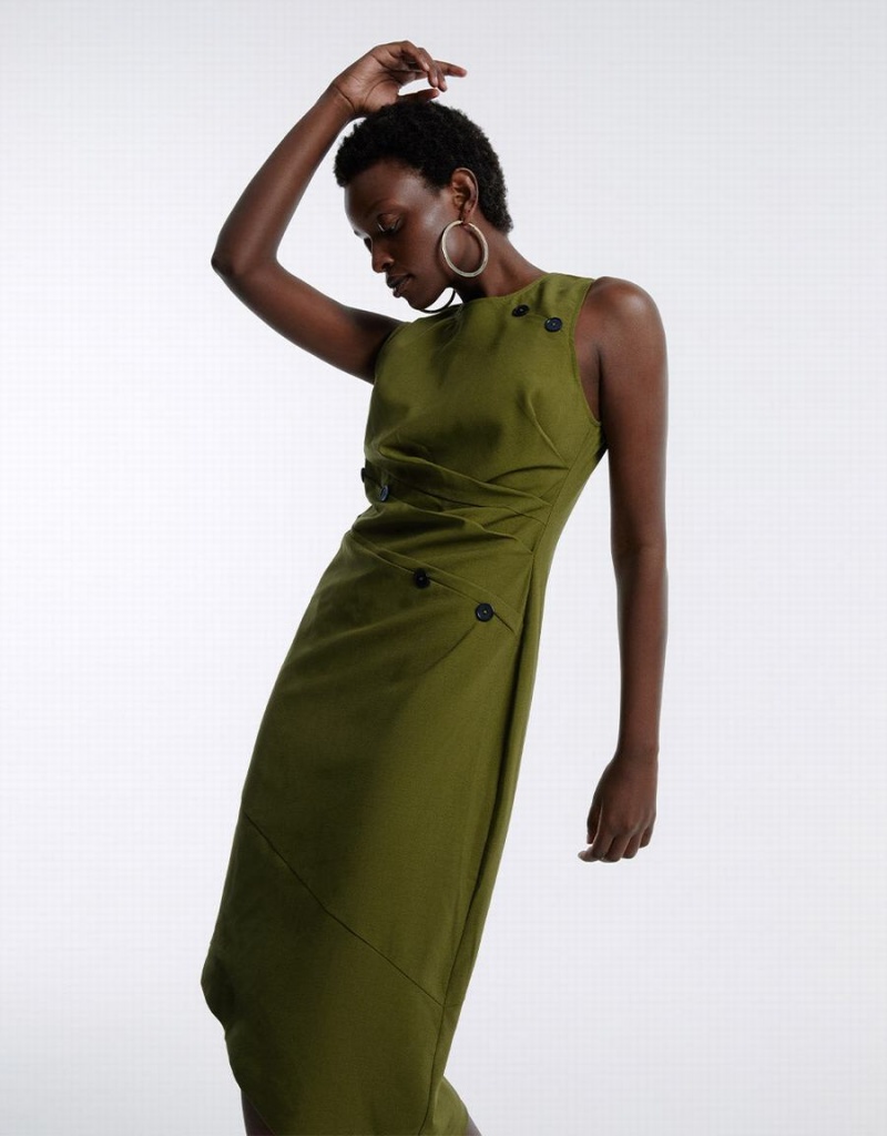 Vestido Urban Revivo Asymmetrical Buttoned Midi Mujer Verdes | UML7010ZQ