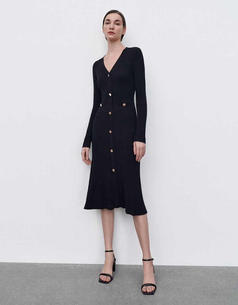 Vestido Urban Revivo Button Up De Punto Midi Mujer Negros | GVB4148QQ
