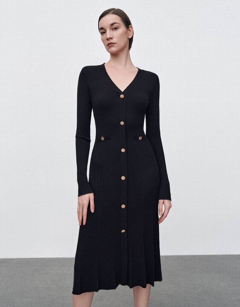 Vestido Urban Revivo Button Up De Punto Midi Mujer Negros | GVB4148QQ