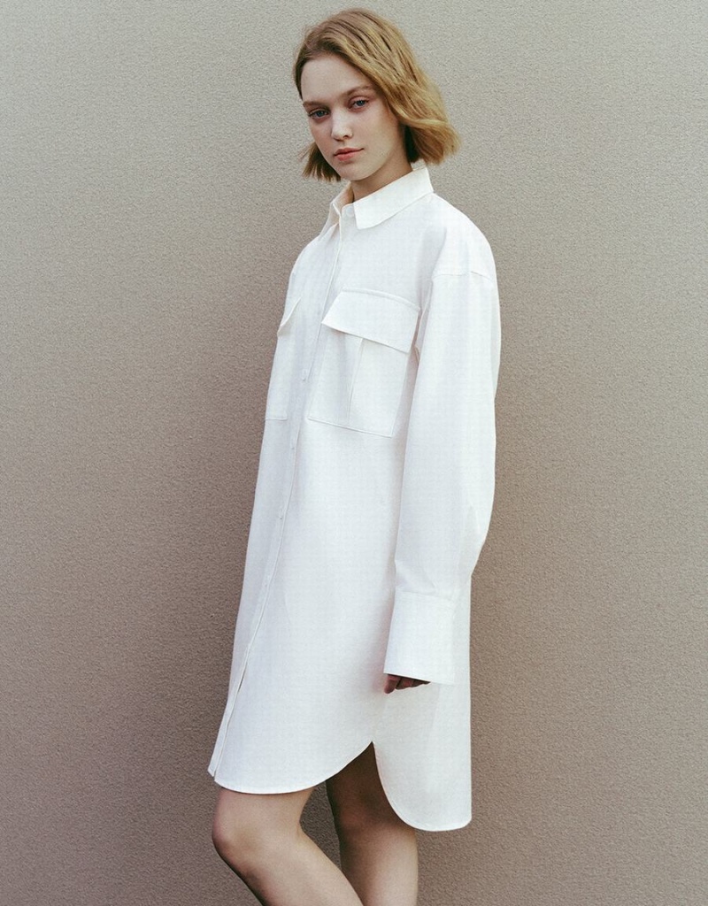 Vestido Urban Revivo Button Up Directo Mujer Blancos | OHF7630UZ