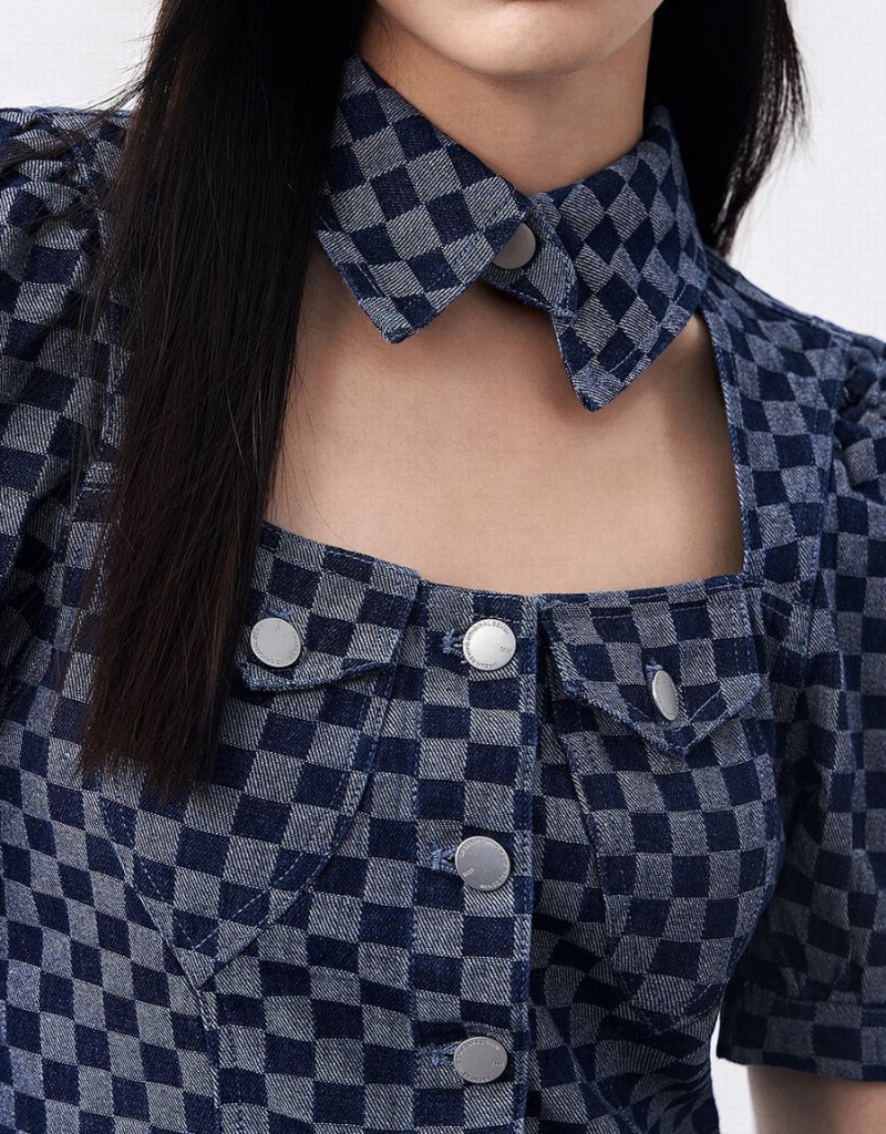 Vestido Urban Revivo Checkered Cut Out Front Denim Mujer Azules | DUE8067CD