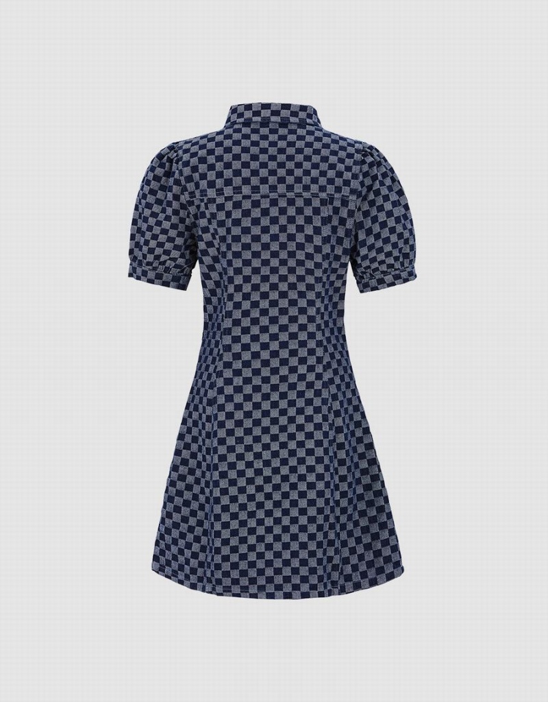 Vestido Urban Revivo Checkered Cut Out Front Denim Mujer Azules | DUE8067CD