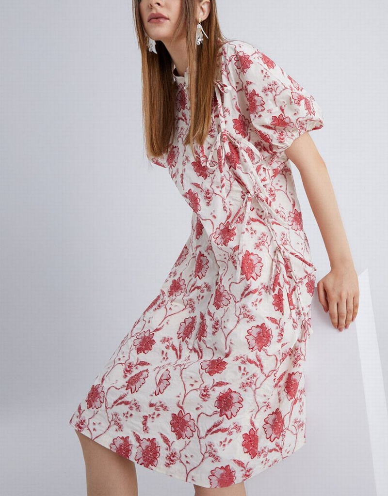 Vestido Urban Revivo Chinese Estilo Floral Print Puff Sleeve Mujer Blancos | YDC2274EF