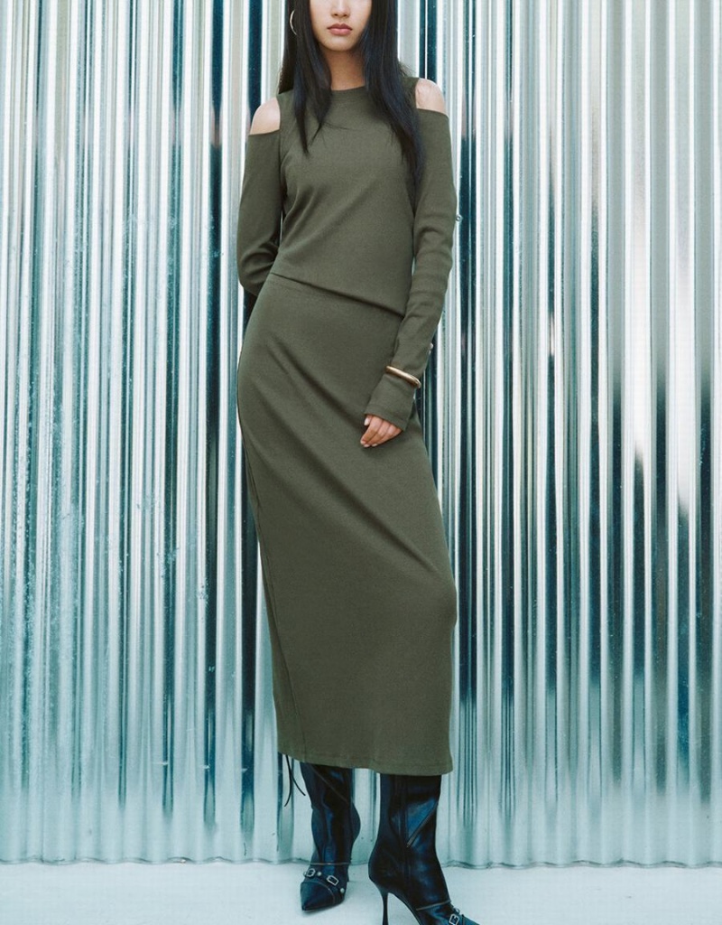 Vestido Urban Revivo Cold Shoulder Ruched Directo Mujer Verdes | BBX2472ZL