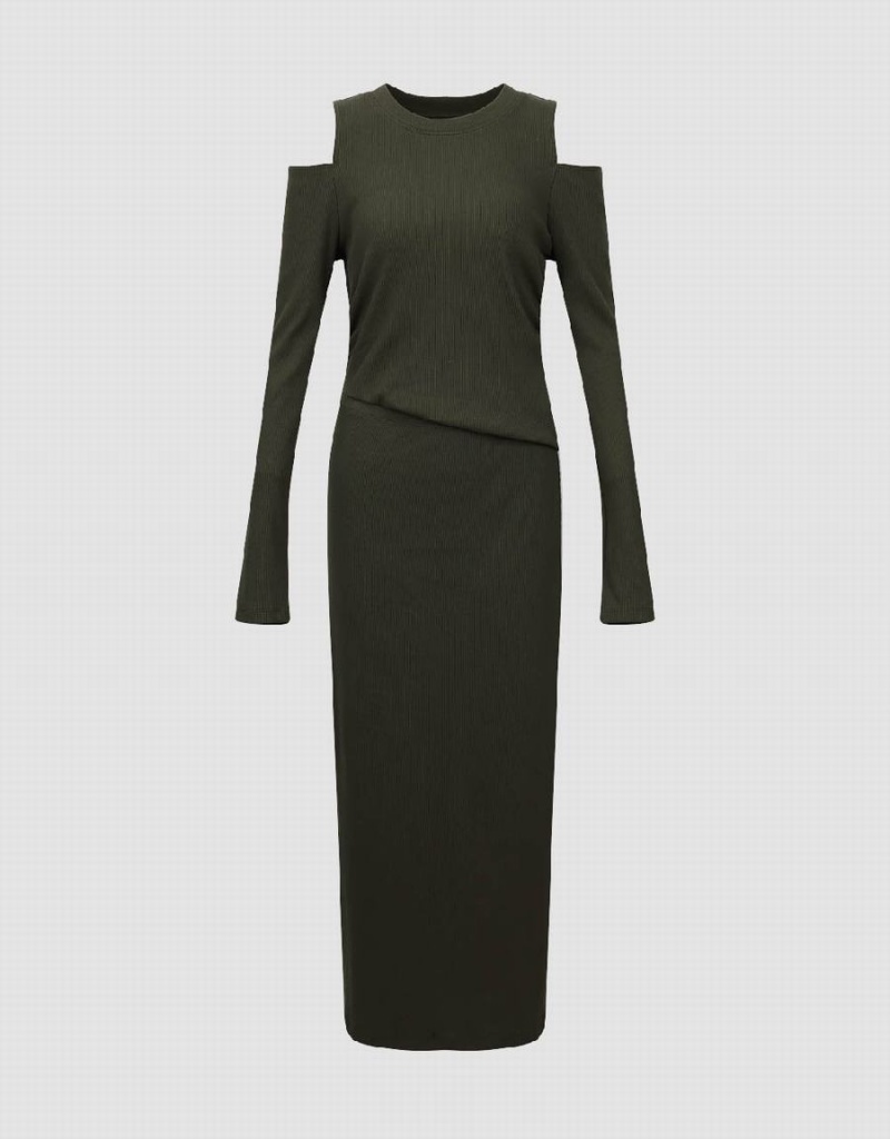 Vestido Urban Revivo Cold Shoulder Ruched Directo Mujer Verdes | BBX2472ZL