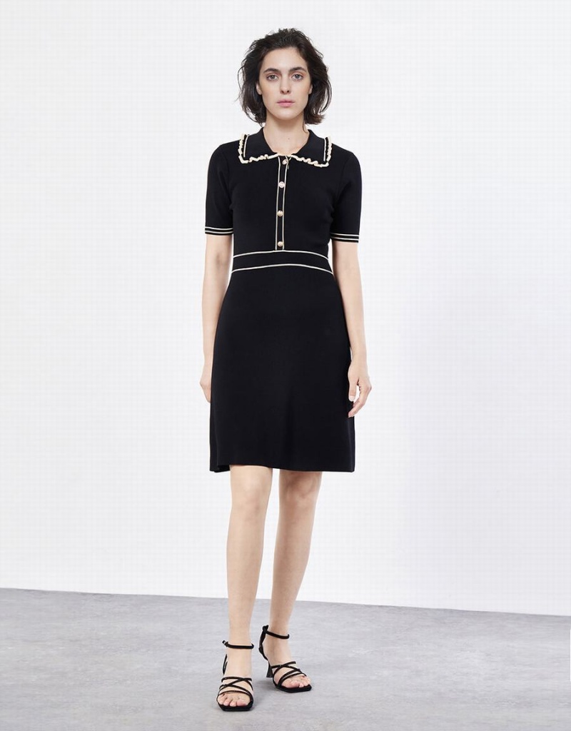 Vestido Urban Revivo Contrast Trim Half Button De Punto Mujer Negros | UIB6538CN