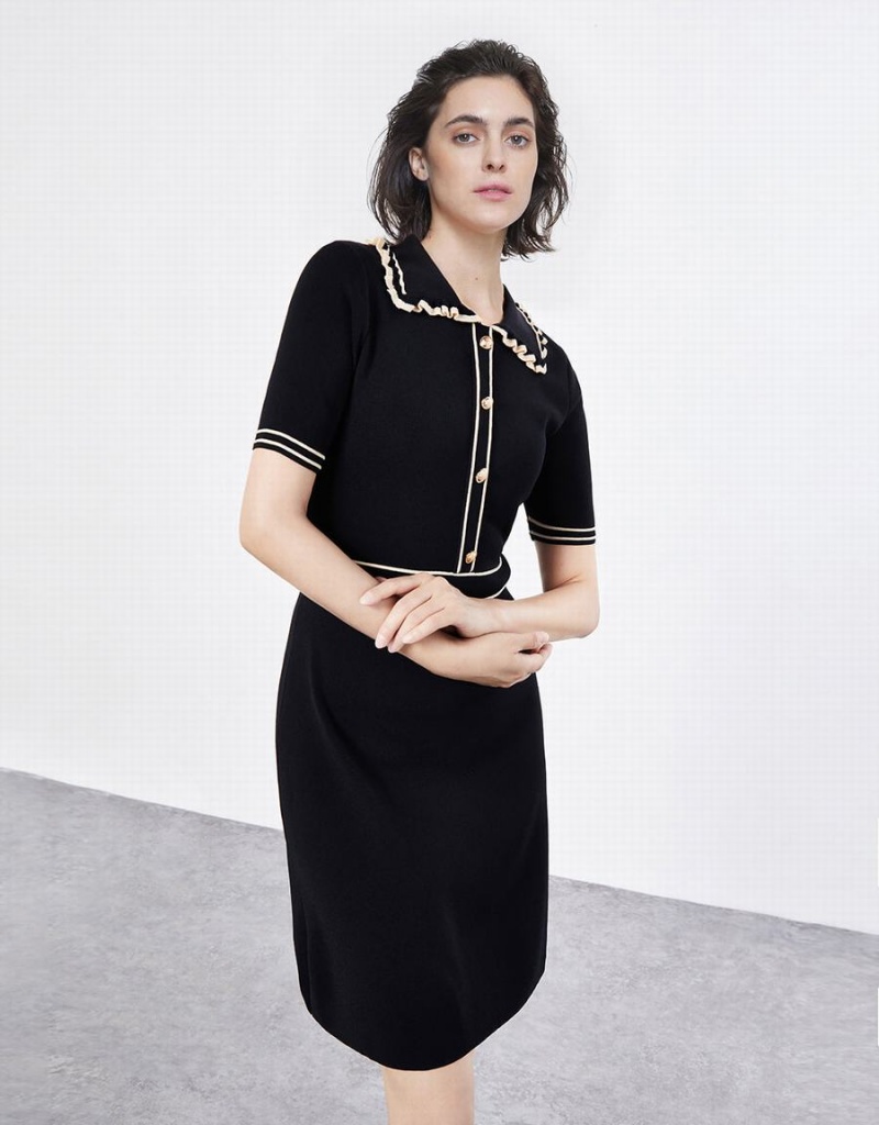 Vestido Urban Revivo Contrast Trim Half Button De Punto Mujer Negros | UIB6538CN