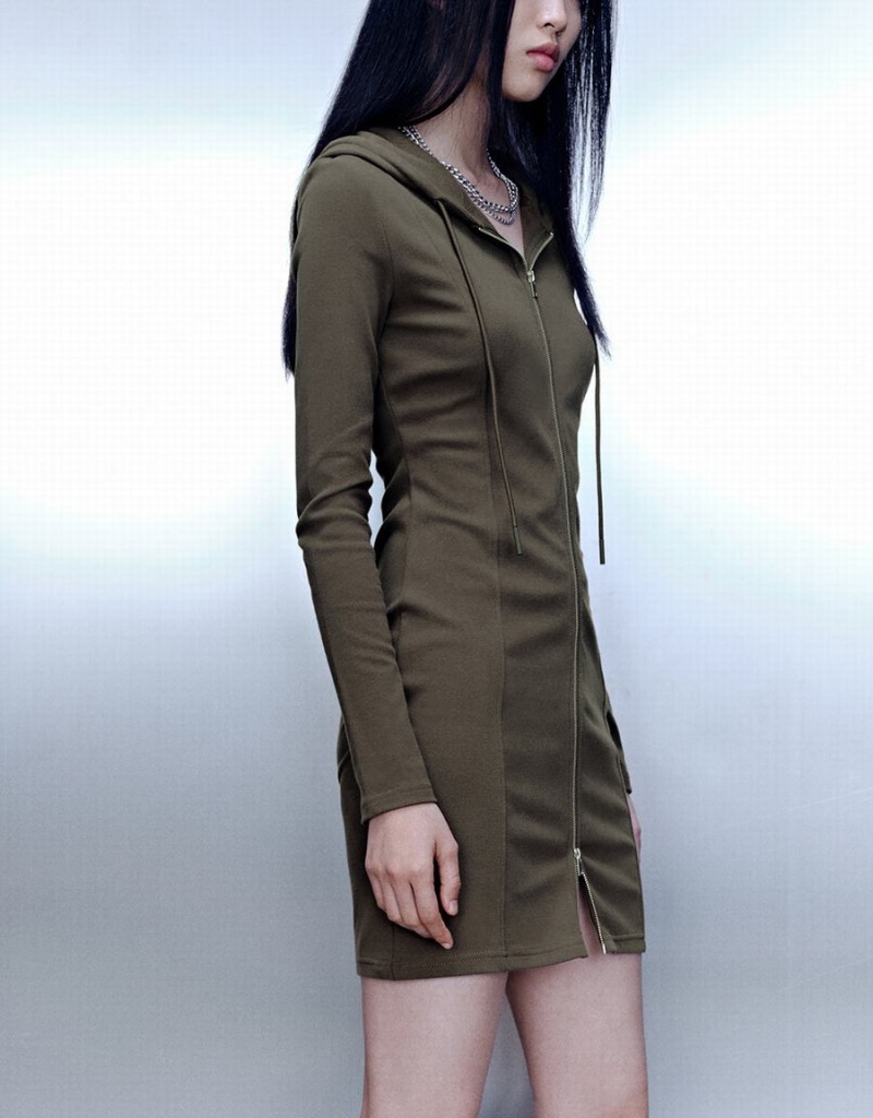 Vestido Urban Revivo Cremallera Front Encapuchado A-Line Mujer Verdes | KNB120TD