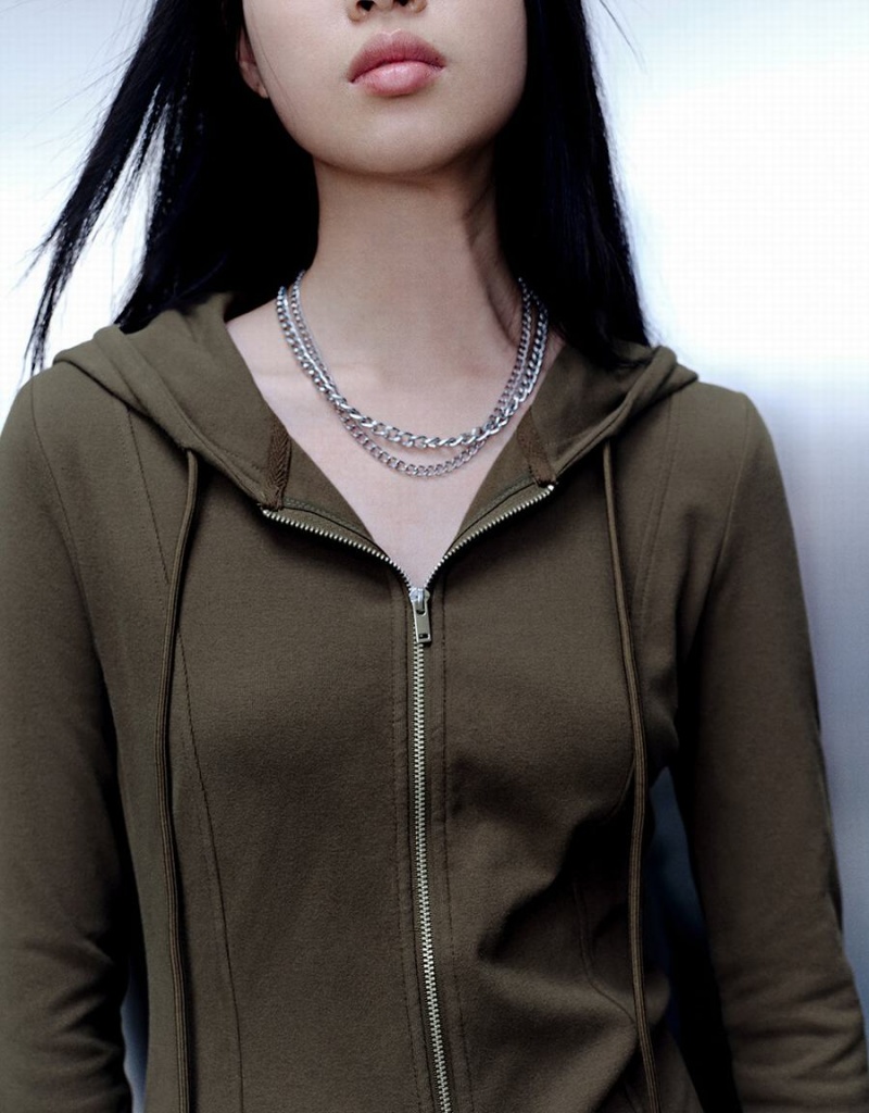 Vestido Urban Revivo Cremallera Front Encapuchado A-Line Mujer Verdes | KNB120TD