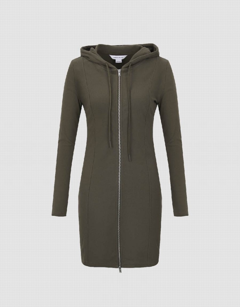 Vestido Urban Revivo Cremallera Front Encapuchado A-Line Mujer Verdes | KNB120TD