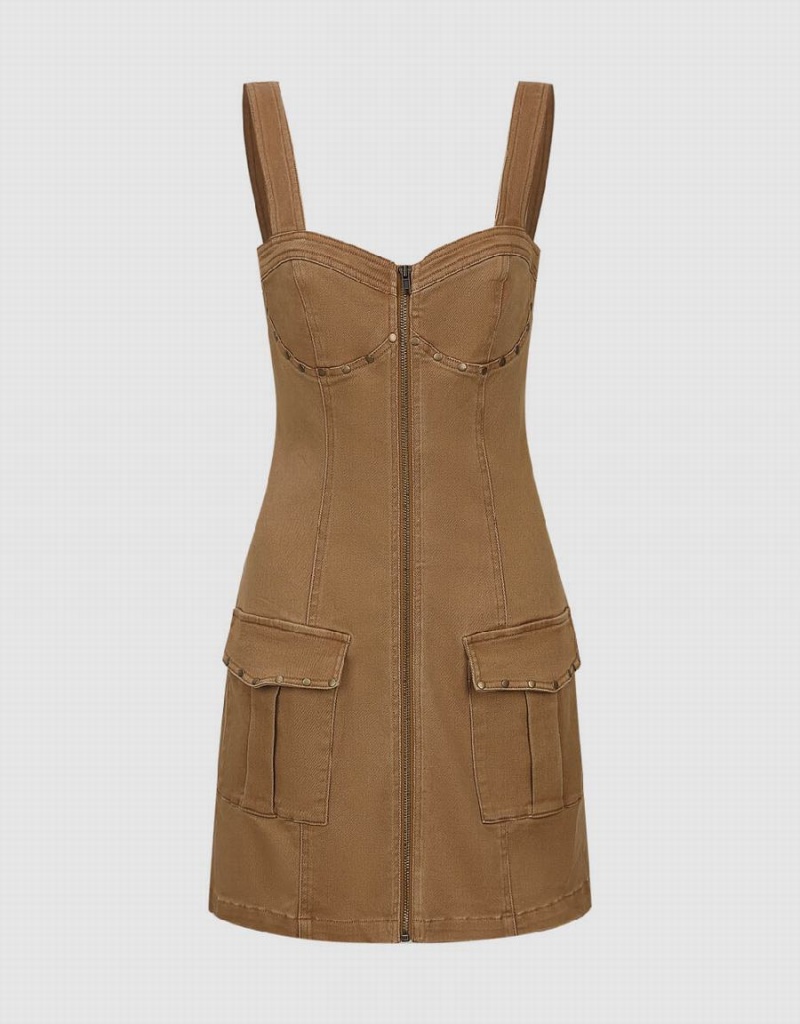 Vestido Urban Revivo Cremallera Front Sin Manga V-Neck Skater Mujer Marrom | QXM7563ET