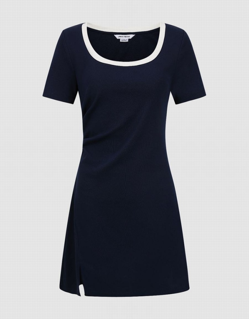 Vestido Urban Revivo Crew Neck Skater Mujer Azules | EHA4749ZD