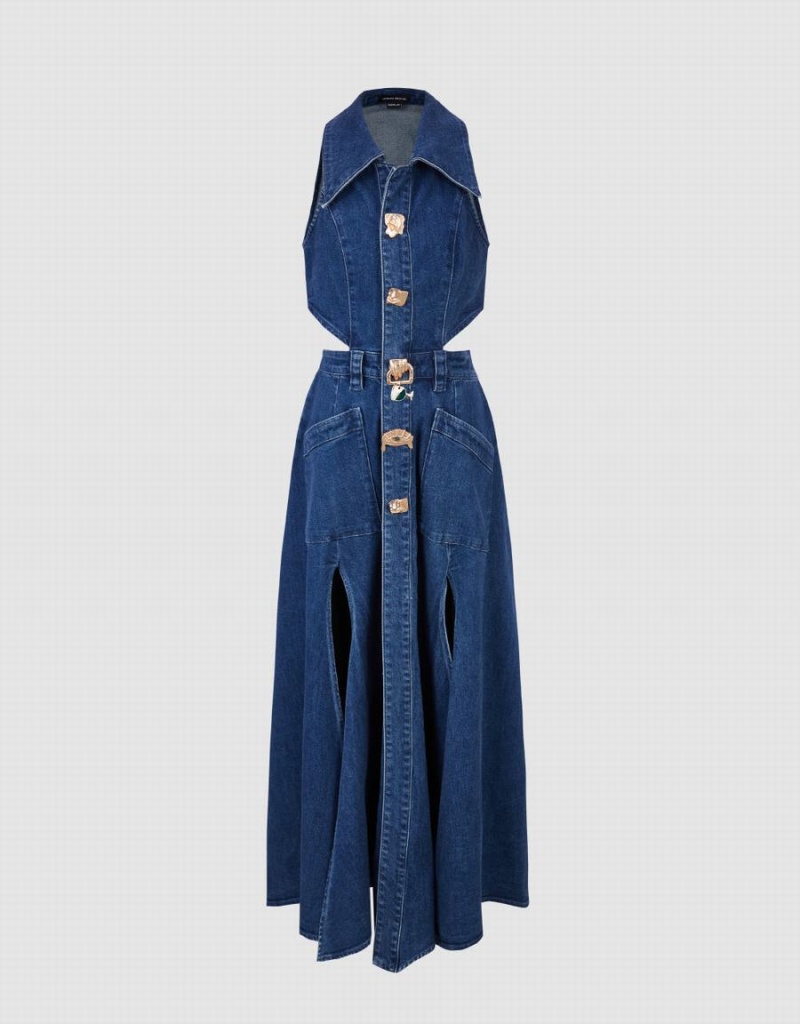 Vestido Urban Revivo Cut-Out Sin Manga Lapel Denim Mujer Azules | BCP182WH