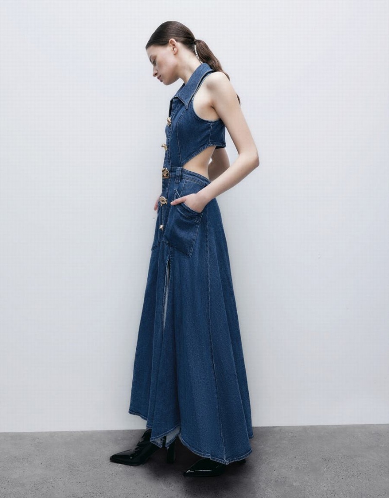 Vestido Urban Revivo Cut-Out Sin Manga Lapel Denim Mujer Azules | BCP182WH