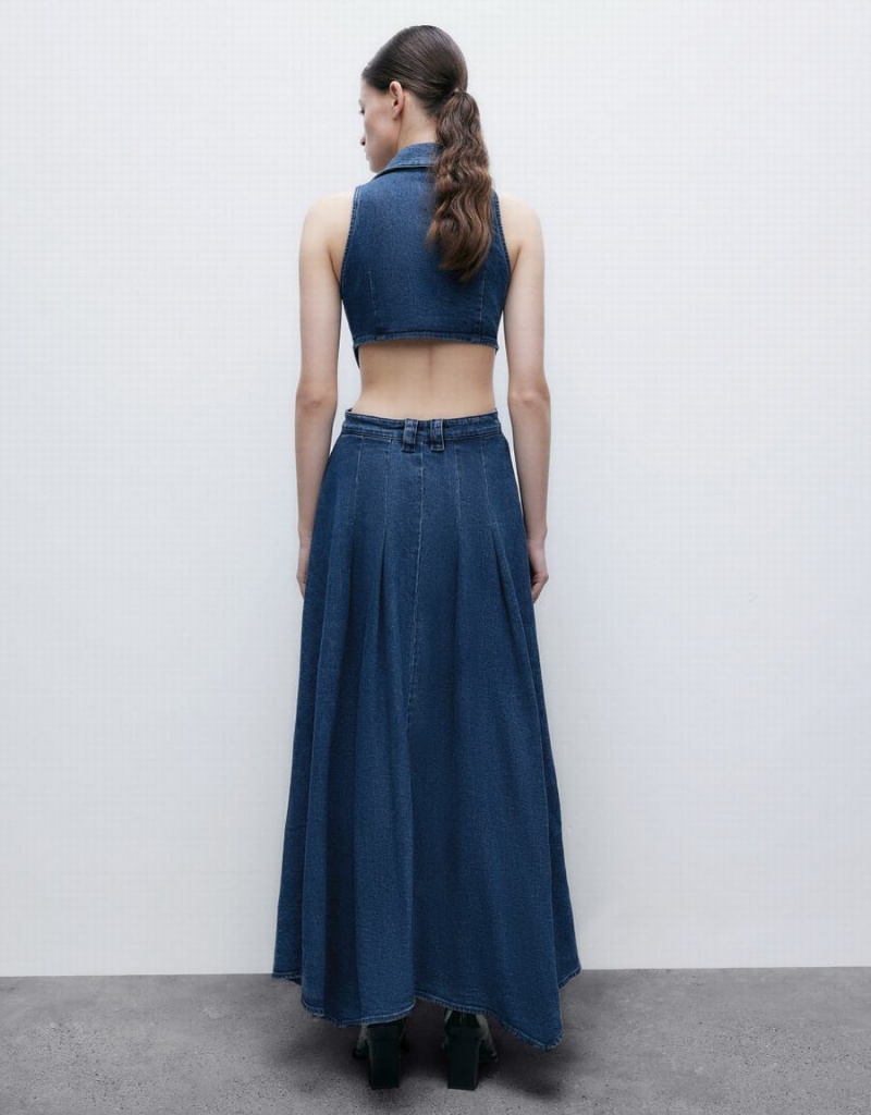 Vestido Urban Revivo Cut-Out Sin Manga Lapel Denim Mujer Azules | BCP182WH