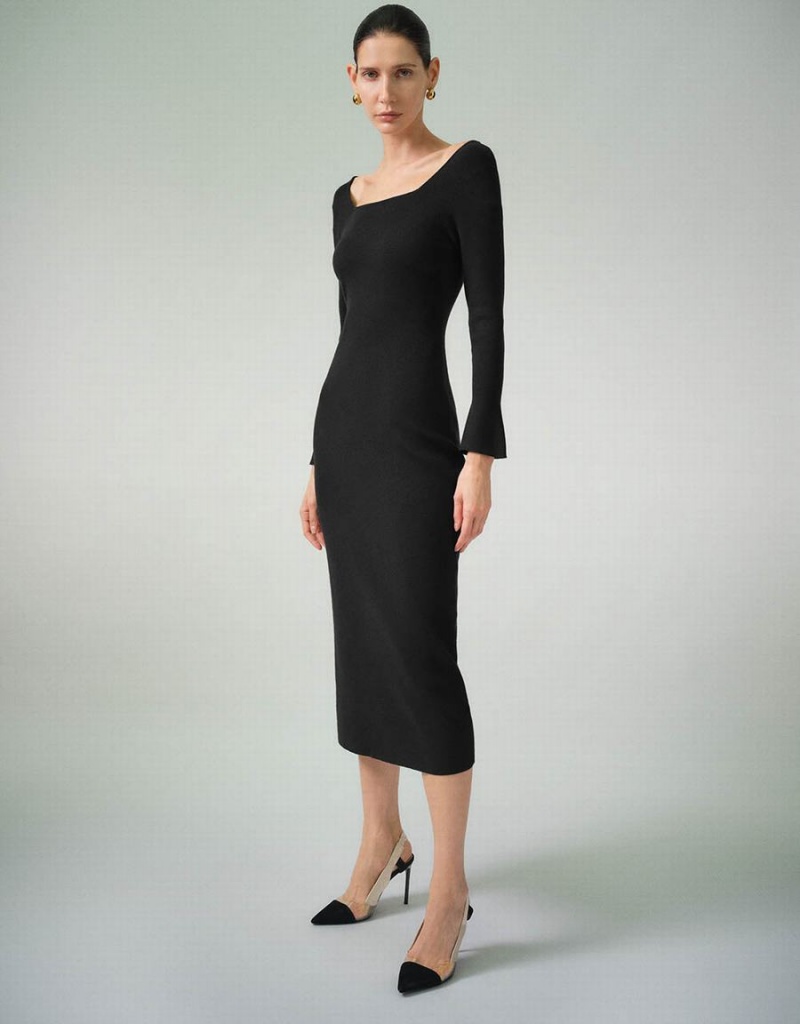 Vestido Urban Revivo Flaco U Neck De Punto Mujer Negros | JOM3965JL