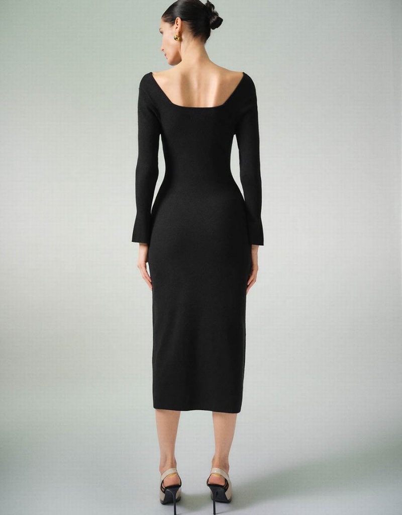 Vestido Urban Revivo Flaco U Neck De Punto Mujer Negros | JOM3965JL