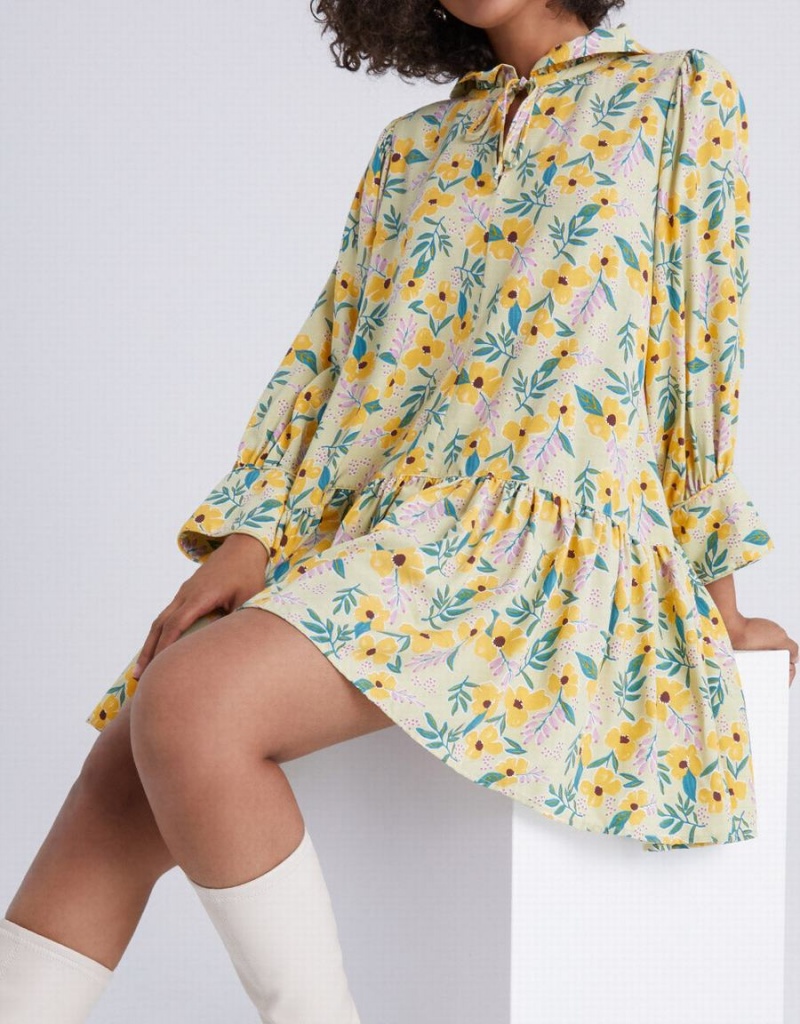 Vestido Urban Revivo Floral Print Knot Front Ruffle Hem Mujer Amarillos | UXA4677IL