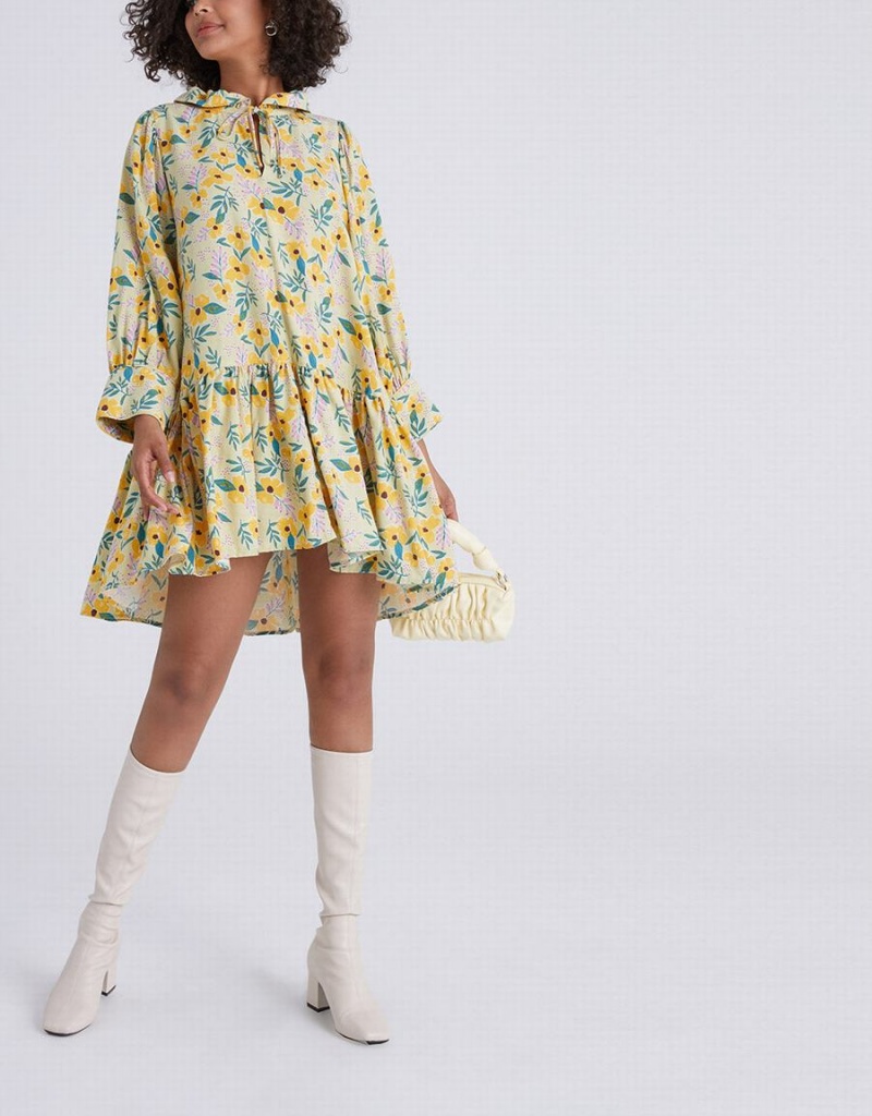 Vestido Urban Revivo Floral Print Knot Front Ruffle Hem Mujer Amarillos | UXA4677IL