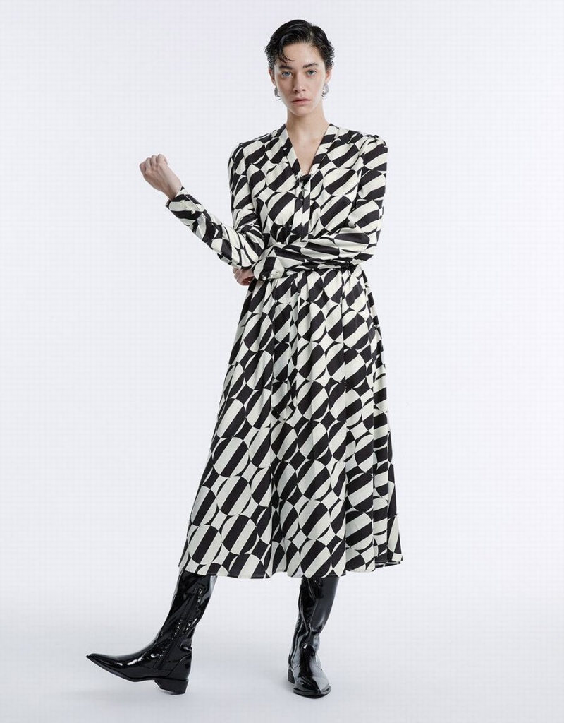 Vestido Urban Revivo Geometric Print Tie Front Midi Mujer Grises | PND1888GQ