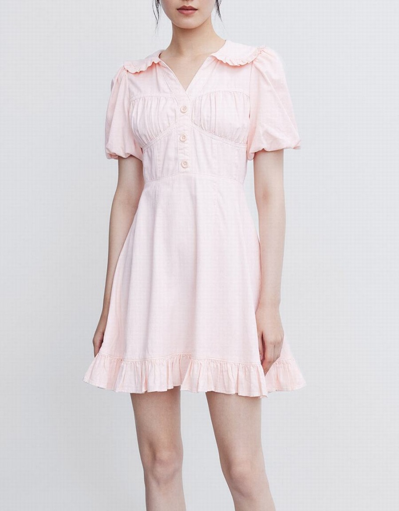 Vestido Urban Revivo Half Button Ruffle Hem Denim Mujer Rosas | QRU9284PU