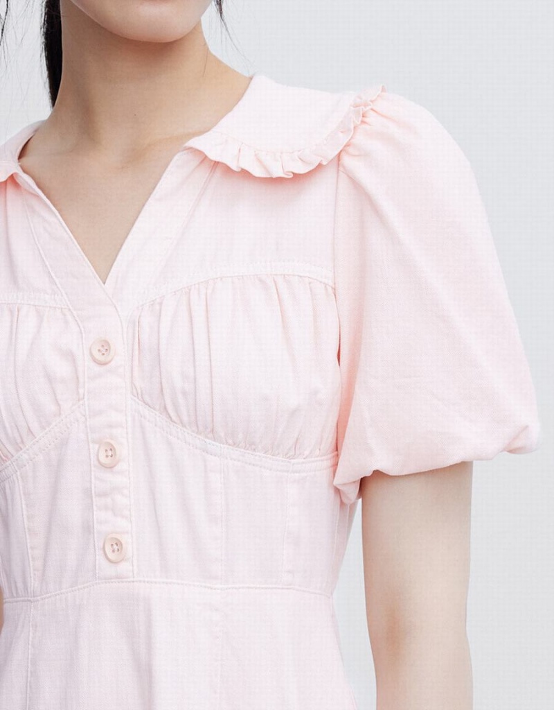 Vestido Urban Revivo Half Button Ruffle Hem Denim Mujer Rosas | QRU9284PU