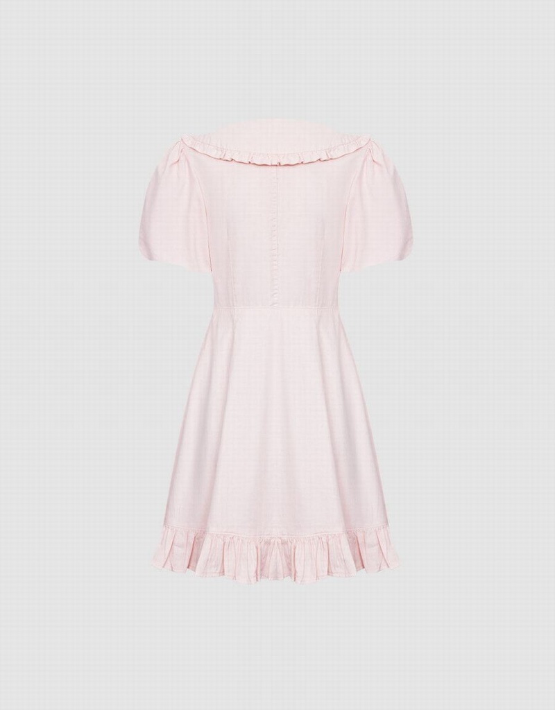 Vestido Urban Revivo Half Button Ruffle Hem Denim Mujer Rosas | QRU9284PU