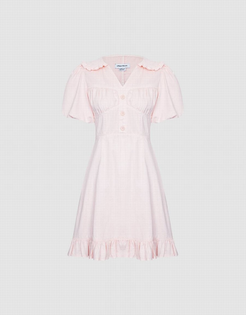 Vestido Urban Revivo Half Button Ruffle Hem Denim Mujer Rosas | QRU9284PU