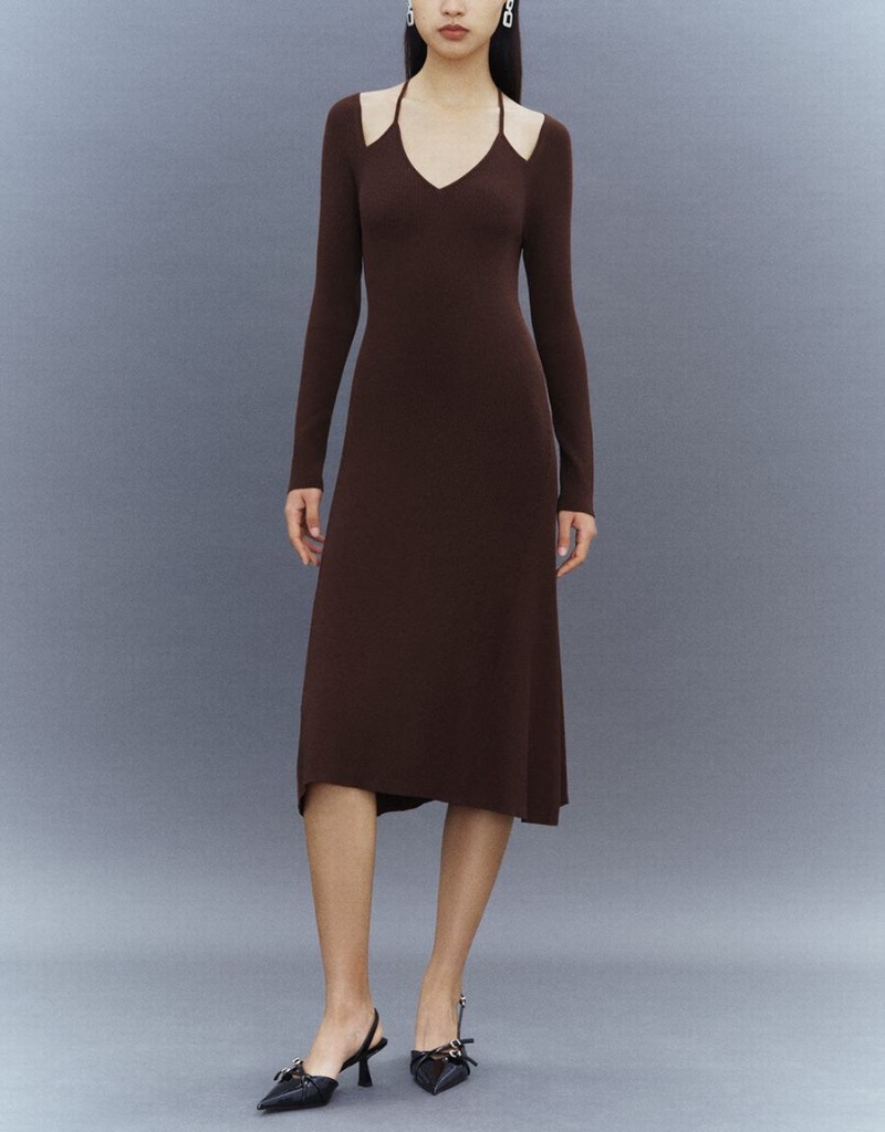 Vestido Urban Revivo Halter Neck Flaco De Punto A-Line Mujer Marrom | BDE1783GK