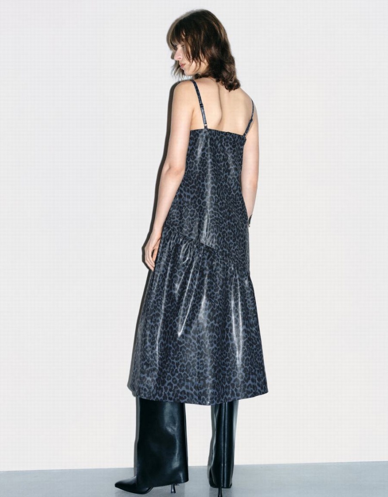 Vestido Urban Revivo Leopard Printed Sin Manga V-Neck A-Line Mujer Azules Oscuro Negros | BUQ1852QN