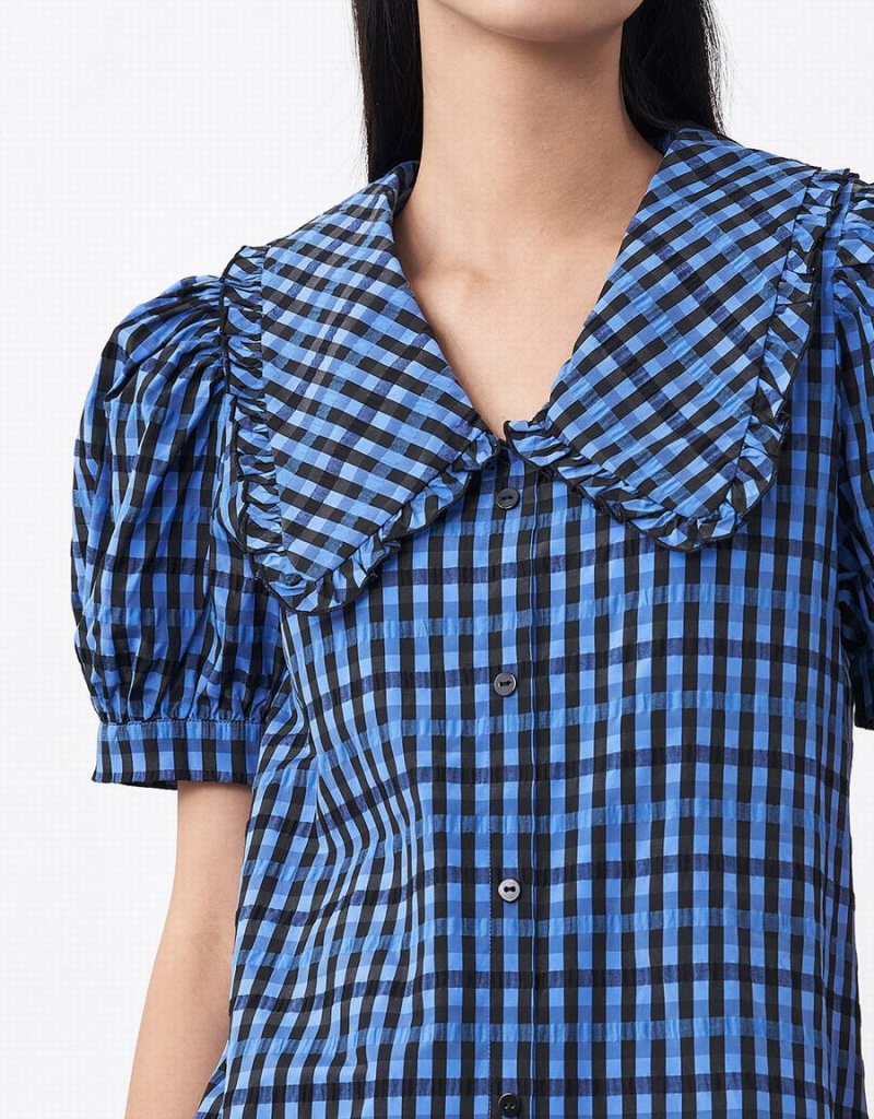 Vestido Urban Revivo Plaid Puff Sleeve Ruffle Hem Checkered Mujer Azules | HFU2387HG
