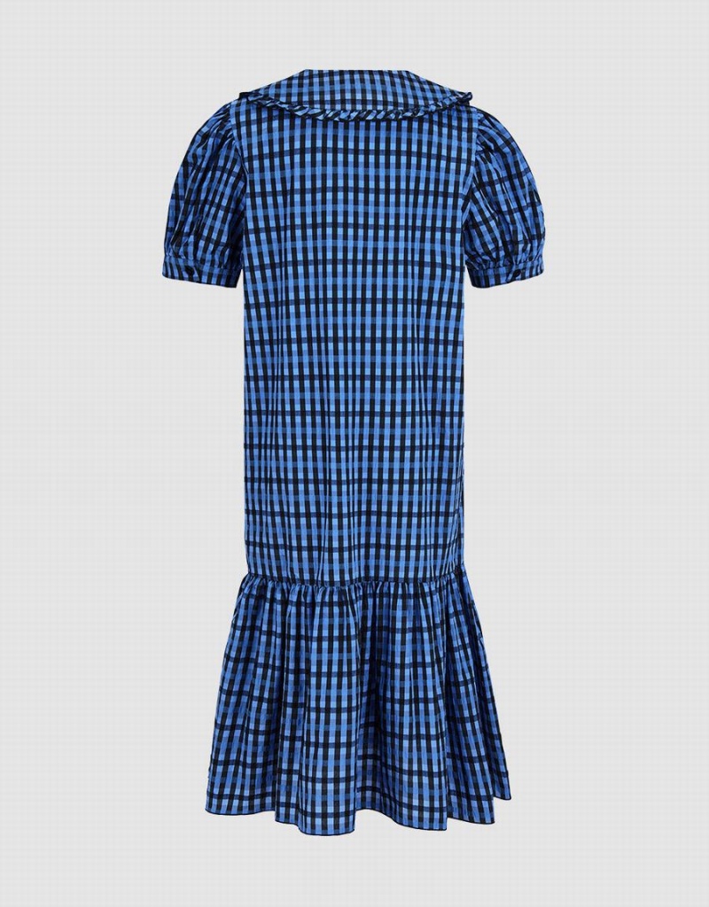 Vestido Urban Revivo Plaid Puff Sleeve Ruffle Hem Checkered Mujer Azules | HFU2387HG