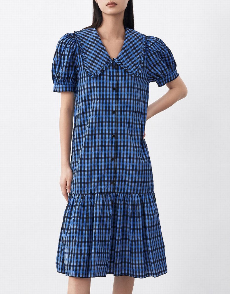 Vestido Urban Revivo Plaid Puff Sleeve Ruffle Hem Checkered Mujer Azules | HFU2387HG