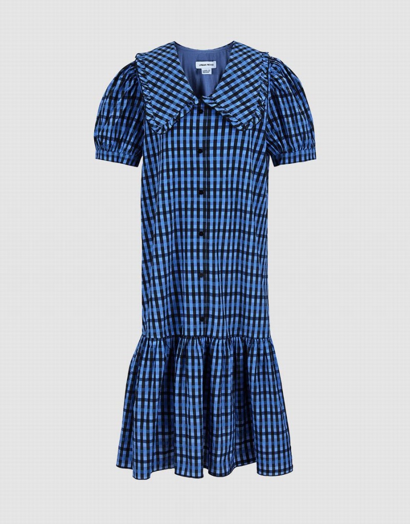 Vestido Urban Revivo Plaid Puff Sleeve Ruffle Hem Checkered Mujer Azules | HFU2387HG