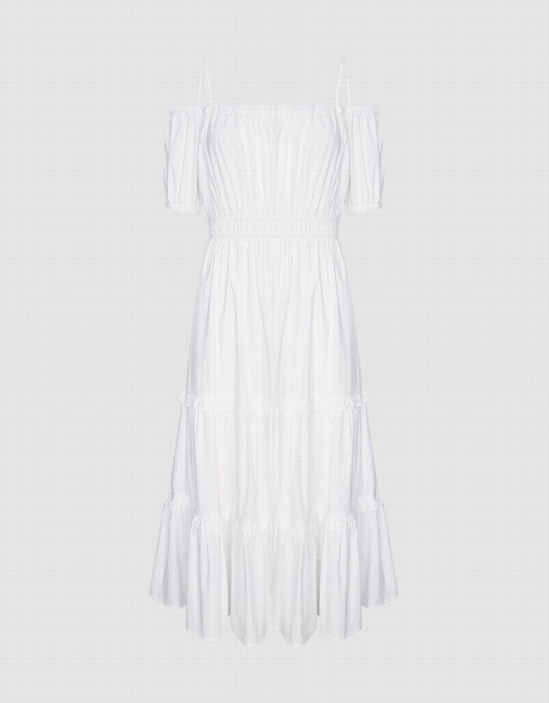 Vestido Urban Revivo Plain Cold Shoulder Tiered Midi Mujer Blancos | XNE4210BX