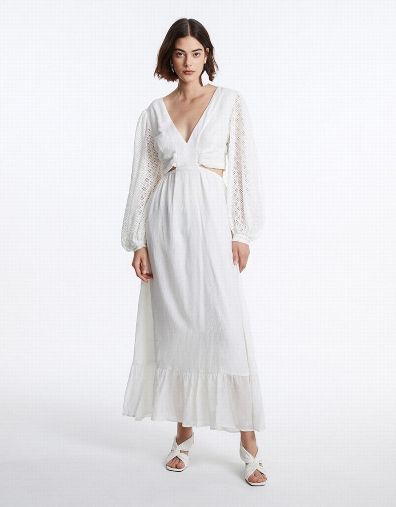 Vestido Urban Revivo Plain Cut Out Plunging Ruffle Hem Mujer Blancos | LNZ3482JI