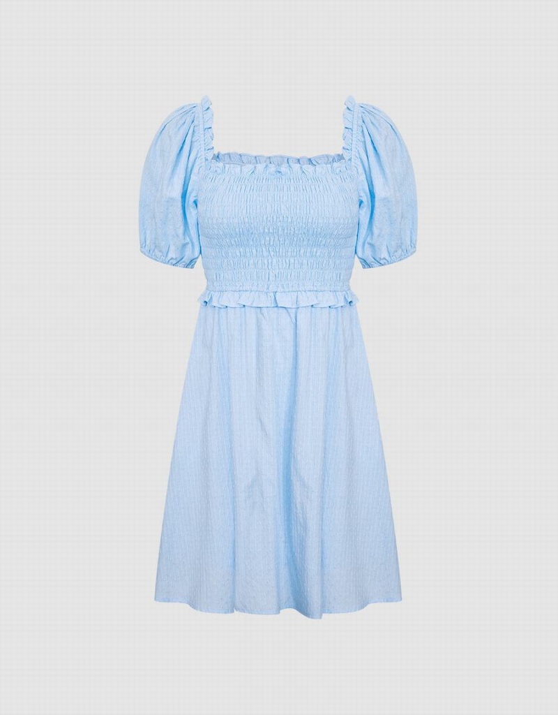 Vestido Urban Revivo Plain Shirred Puff Sleeve Mujer Azules | EAZ1625EY