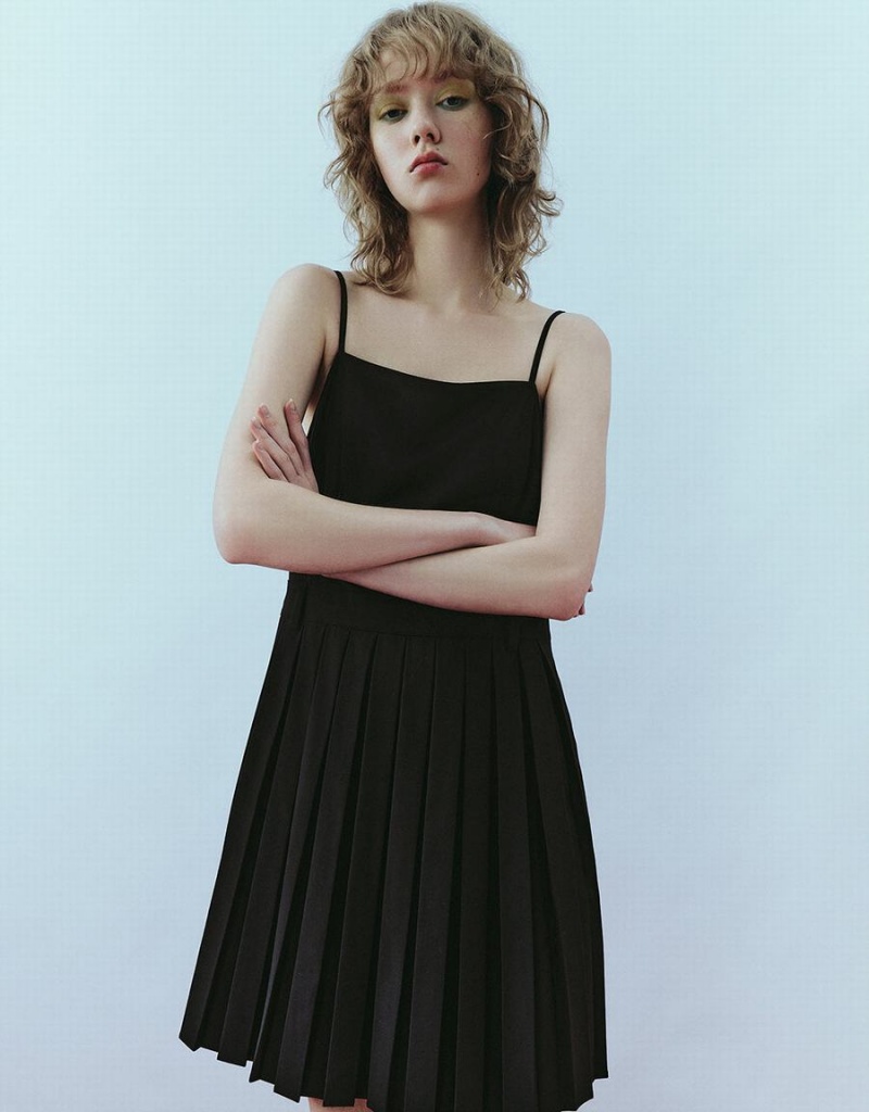 Vestido Urban Revivo Plisado Square-cut Collar Directo Cami Mujer Negros | QNB4241QH