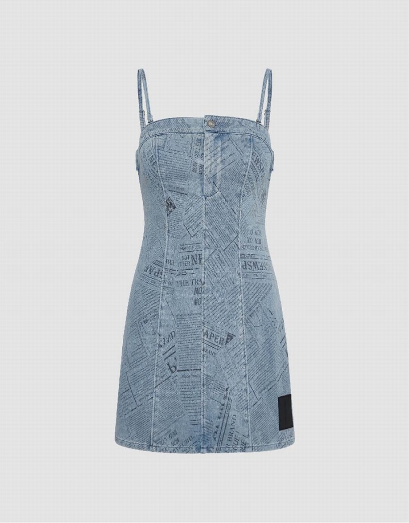Vestido Urban Revivo Printed Denim Tiras Mujer Azules | JVH6497KG