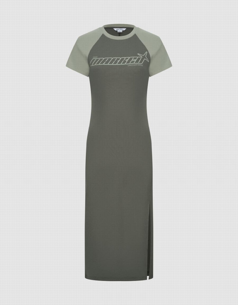 Vestido Urban Revivo Printed Raglan Sleeve Directo Mujer Kaki Oscuro | FMI1350HI