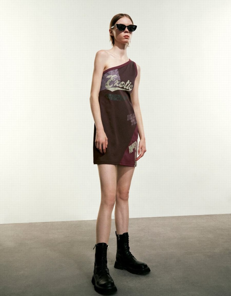 Vestido Urban Revivo Printed Sin Manga One Shoulder Skater Mujer Marrom Oscuro | YTQ3572HC
