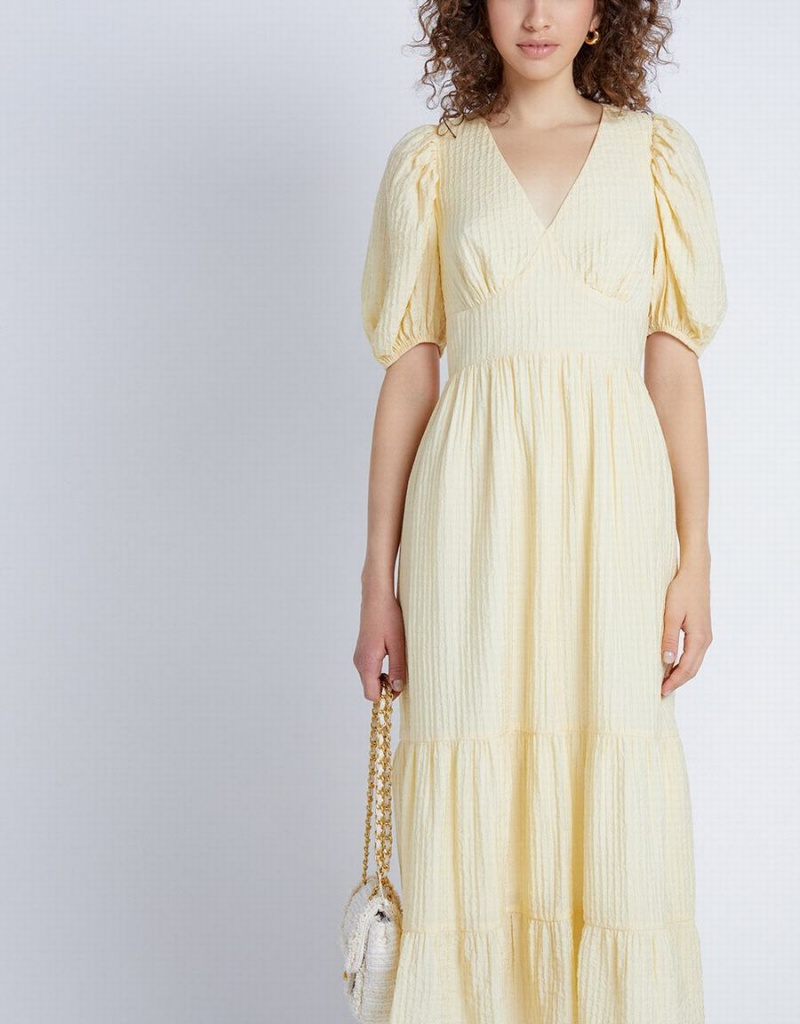 Vestido Urban Revivo Puff Sleeve Tiered Midi Mujer Amarillos | QWR3386UA
