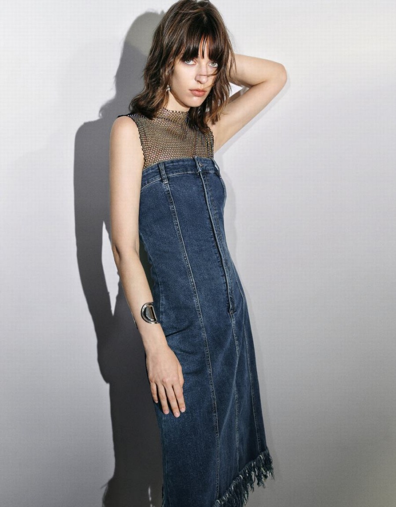 Vestido Urban Revivo Raw Hem Sin Manga Denim Mujer Azules | ZHA3681LW